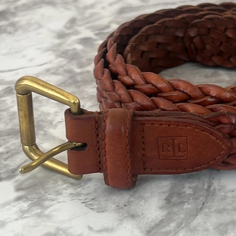 RLL BRAIDED BROWN SOLID BRASS BUCKLE BELT SIZE 42 UNISEX